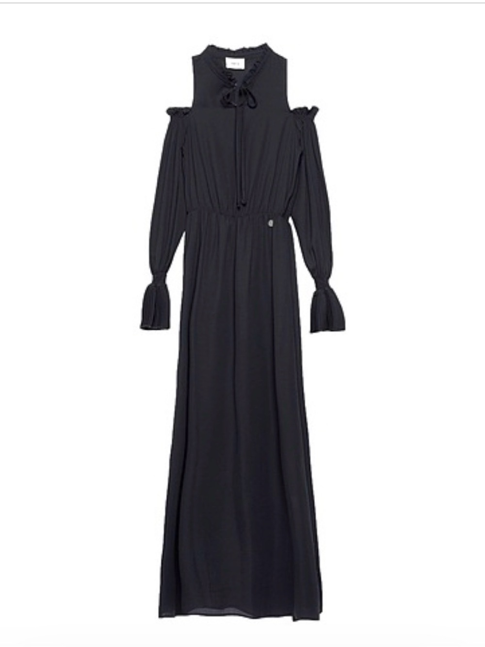 Women's Black Cold-Shoulder Maxi Dress with Tie Neck